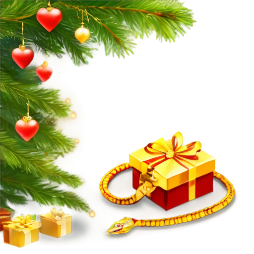 in the background is a New Year tree with gifts. in the foreground is a golden snake in the shape of a heart. the inscription "Health, love, prosperity" - icon | sticker