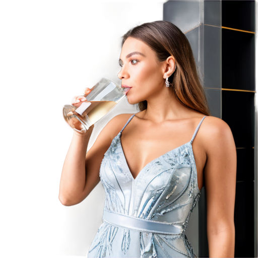 beautiful woman in expensive dress drinks water from glass - waist-up photo - icon | sticker