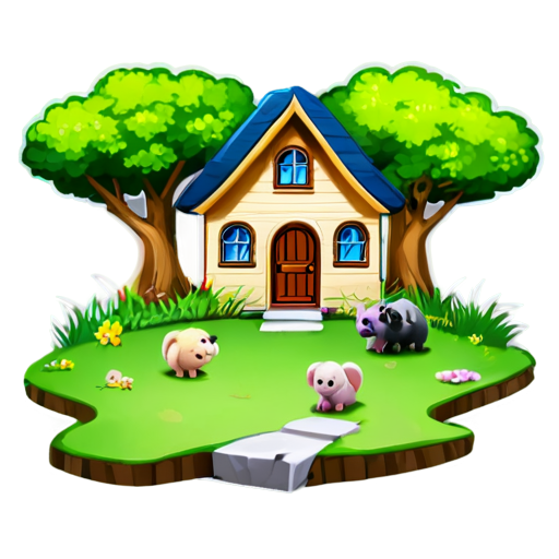 There is a house on the grass and there are animals around. - icon | sticker