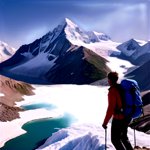 range of great mountain peaks with glaciers in the background. foreground includes a silhouette of a man with a expeditions backpack, he hiking up to the mountain top. Far lower in background seems part of big glacial lake, some distant pine trees over the hills. Use a stylized mountain shape as a frame around the entire design - icon | sticker