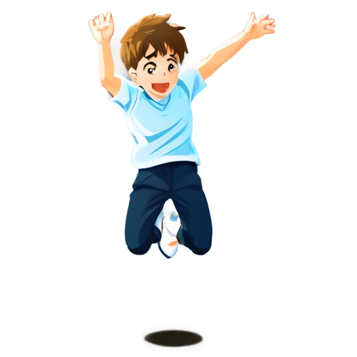 An icon for an app designed for middle school students to practice standing long jump. The icon features a middle school boy, exerting effort as he jumps, with his body fully stretched mid-air. It aims to convey a sense of speed and momentum, like a gust of wind. - icon | sticker