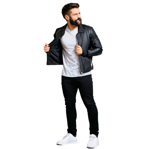 a man with a beard is teased and flirted with, a man should wear clothes such as, black leather jacket, white shirt, black trousers, white trainers. - icon | sticker