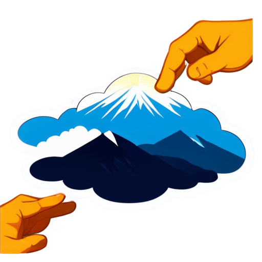 A hand reaches out towards the distant mountains and clouds at sunrise, - icon | sticker