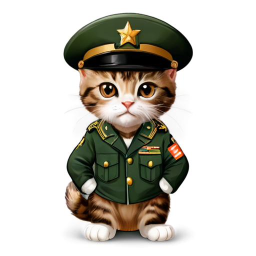Angry kitten with brown eyes arms crossed in army generals uniform and hat with generals star cartoon - icon | sticker