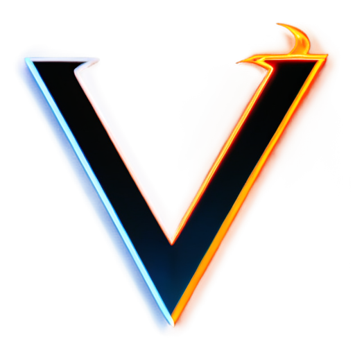 A sleek and modern 'V' shape design with a futuristic and high-tech aesthetic. The 'V' is illuminated with neon blue and white glowing lights, surrounded by dynamic fiery effects with bright orange and red flames. The background should be dark, enhancing the contrast of the glowing 'V' and fire. The overall design should be minimalist, visually striking, and emphasize technology and energy. - icon | sticker