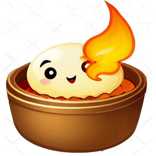 create a dim sum icon with emoticons and make it look like the dim sum is covered in fire and smoking - icon | sticker