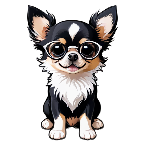 chihuahua black and white color, fluffy Glasses are on - icon | sticker