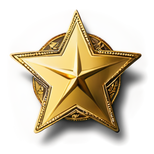 An icon used to represent membership points, the body of which is a gold coin with a five-pointed star pattern and bars around the edges of the coin. White background - icon | sticker