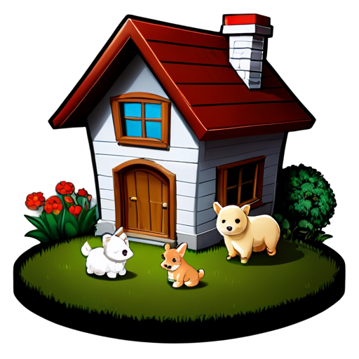 There is a house on the grass and there are animals around. - icon | sticker