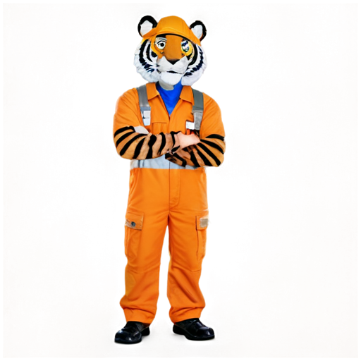 The mascot of the Two Floors construction company is a tiger in a construction helmet and construction overalls. Humanized and muscular! The helmet on the tiger is orange. - icon | sticker