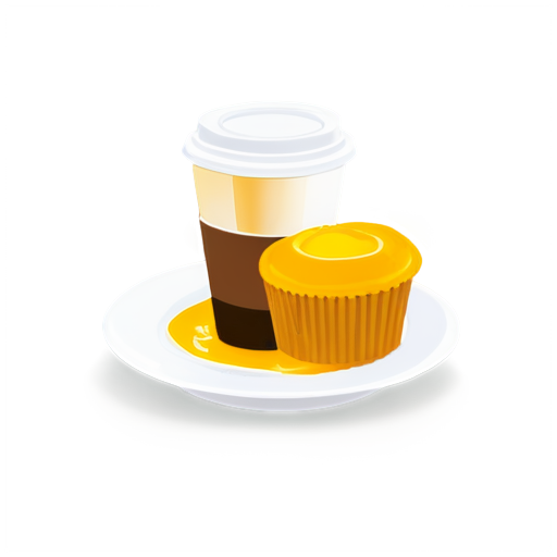 coffee to go and cake on a plate in yellow-orange colors - icon | sticker