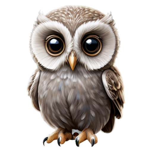 A small owl with large round eyes, a small beak, and tiny wings. Use soft, earthy tones like light browns and grays. - icon | sticker