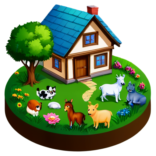 There is a house on the grass and there are animals around. - icon | sticker