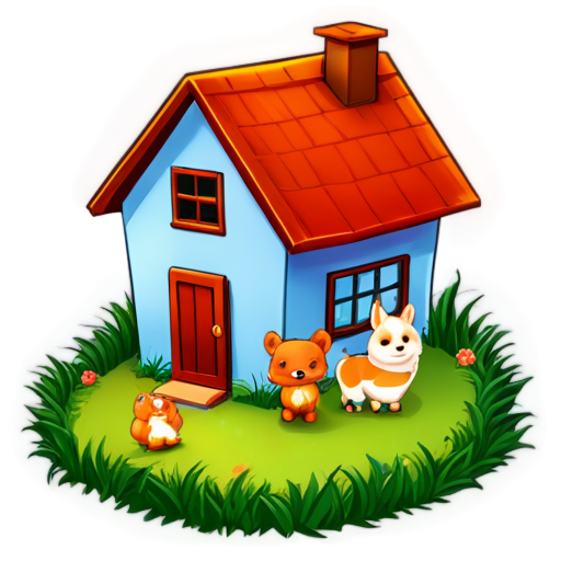 There is a house on the grass and there are animals around. - icon | sticker