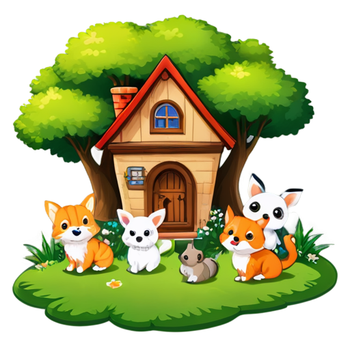 There is a house on the grass and there are animals around. - icon | sticker