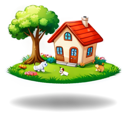 There is a house on the grass and there are animals around. - icon | sticker