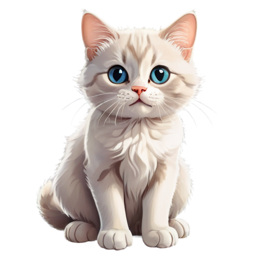 A cartoon-style cat with big round eyes, a small nose, and fluffy ears. The cat is sitting and smiling, with a pastel color palette. - icon | sticker