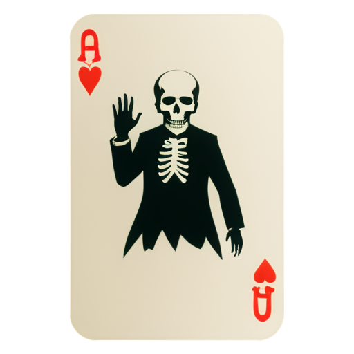 The back of a playing card, with a devilish figure with a haughty gaze on the upper half of the card, a dollar bill on the lower half, and crossed human bones in the middle. - icon | sticker