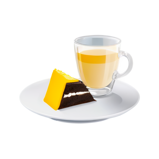 cake on a plate and coffee in a glass next to the plate in yellow-orange colors - icon | sticker