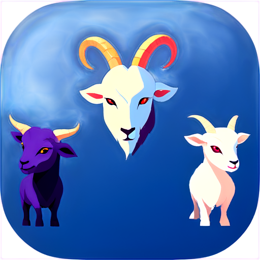 The background is the magical world of the board game. In the center stands a huge and powerful demonic goat and two small demonic goats on the sides - icon | sticker