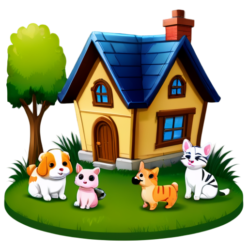 There is a house on the grass and there are animals around. - icon | sticker