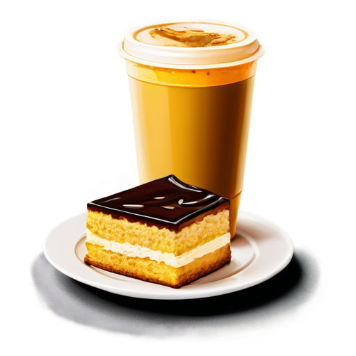 coffee to go and cake on a plate in yellow-orange colors - icon | sticker