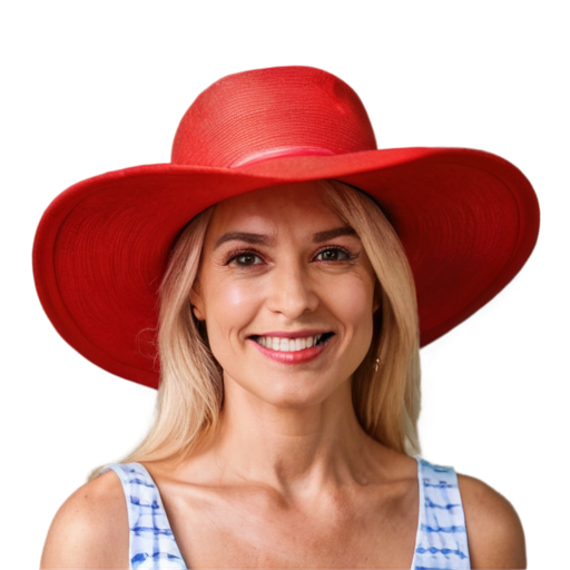 A blonde woman in a big red hat. She is 40 years old. A cheerful look. Close-up. - icon | sticker