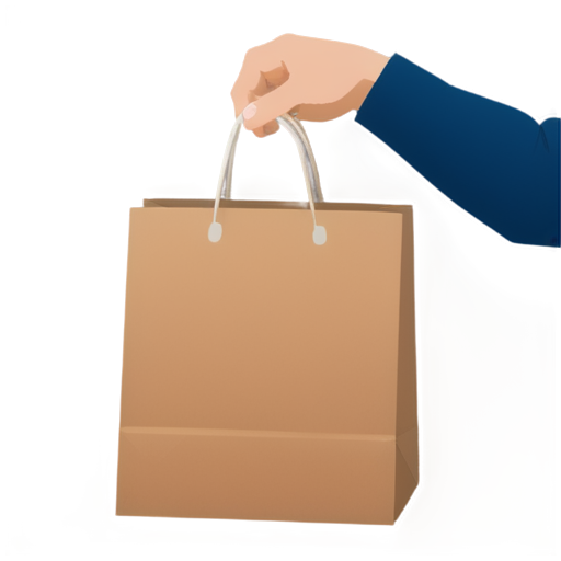 a man's hand holds a paper bag by the handles, in blue colors on a white background - icon | sticker