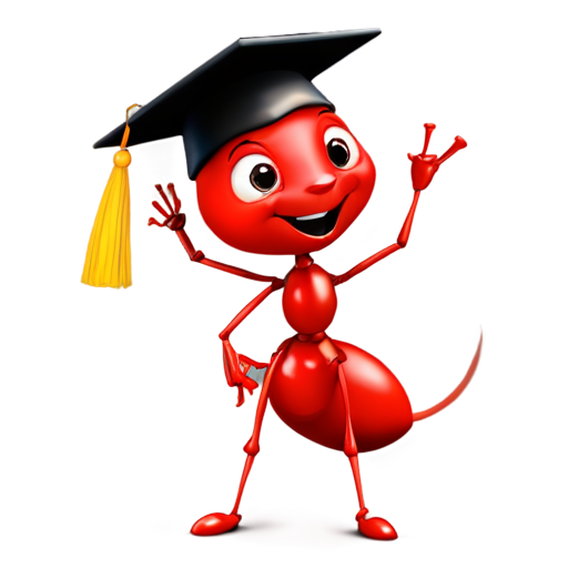 A cute 3d red ant wearing a black graduation cap stands on two legs - icon | sticker