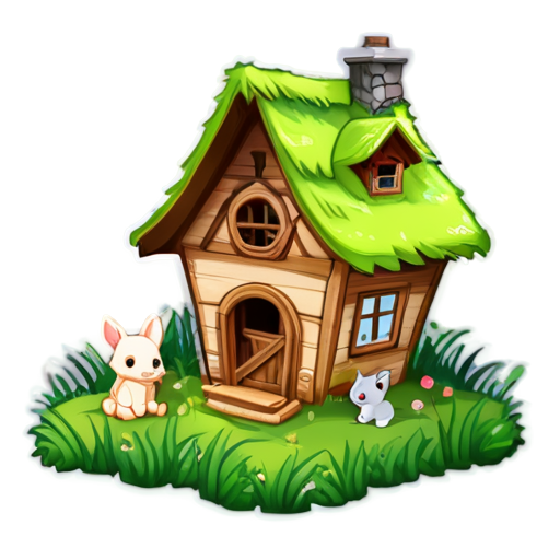 There is a house on the grass and there are animals around. - icon | sticker