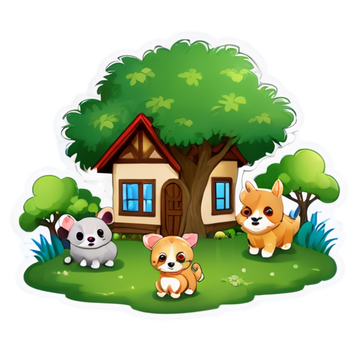 There is a house on the grass and there are animals around. - icon | sticker