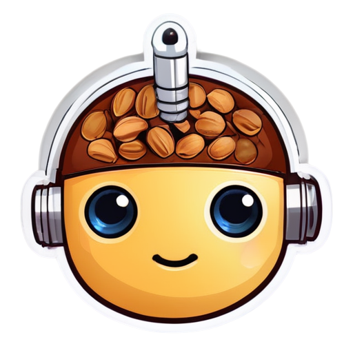 A cute robot's head, with a top brain made of nuts - icon | sticker