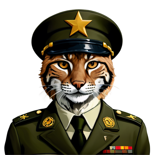 Cartoon female lynx in army uniform with hat and generals star - icon | sticker