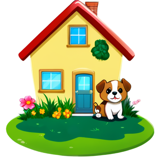 There is a house on the grass and there are animals around. - icon | sticker