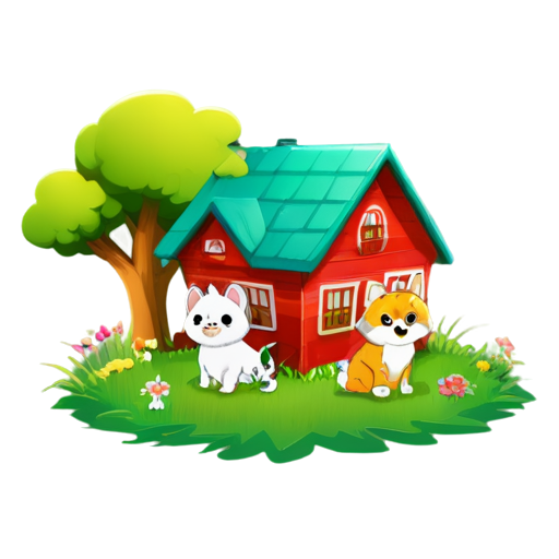 There is a house on the grass and there are animals around. - icon | sticker