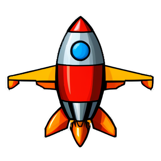 a small space rocket with a bright red body and orange wings and one large round porthole , 8 bit style - icon | sticker