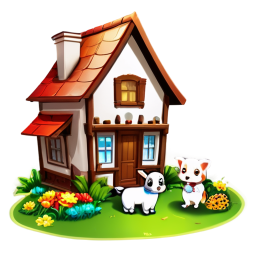 There is a house on the grass and there are animals around. - icon | sticker