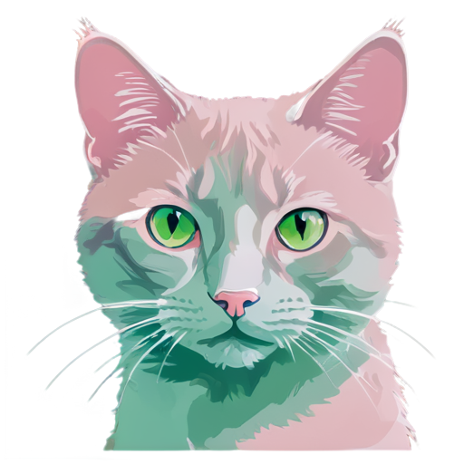 vector drawing clever cat in minimalism style in pink and green soft beige color - icon | sticker