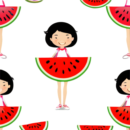 Cartoon single slice of watermelon with stick figure legs, hands and feet and happy face with small eyes and closed mouth smile White background - icon | sticker