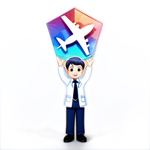 simplicity , three-color large pentagonal logo, white background , Russian happy boy master inventor holding a large airplane in his hand above his head, taking off into the clouds - icon | sticker