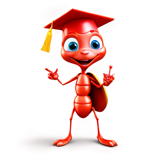 A cute 3d red ant wearing a graduation cap stands on two legs, holding a gear in its hand - icon | sticker