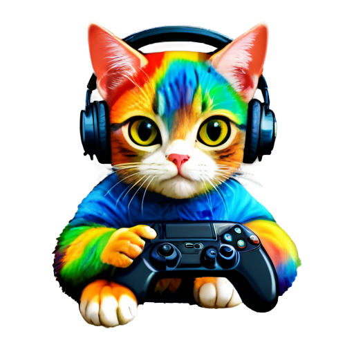 A rainbow cat with headphones and a gaming controller - icon | sticker