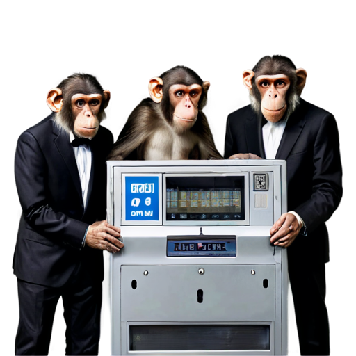 Draw a picture with five monkeys in suits and the number 5 written on top and a lottery machine drawn - icon | sticker