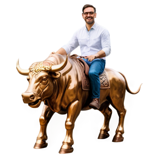 A man with brown eyes and glasses rides a copper bull - icon | sticker