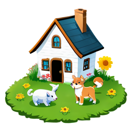 There is a house on the grass and there are animals around. - icon | sticker