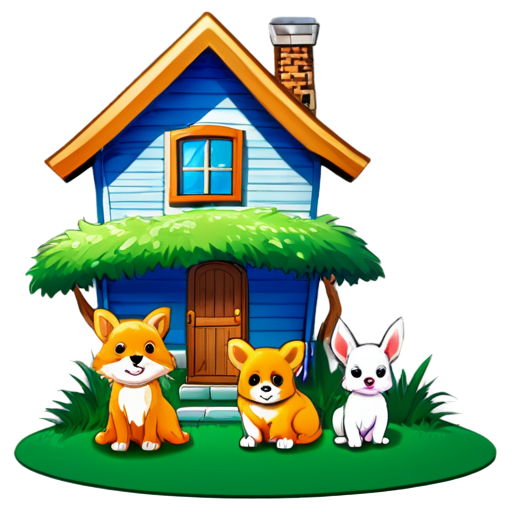 There is a house on the grass and there are animals around. - icon | sticker