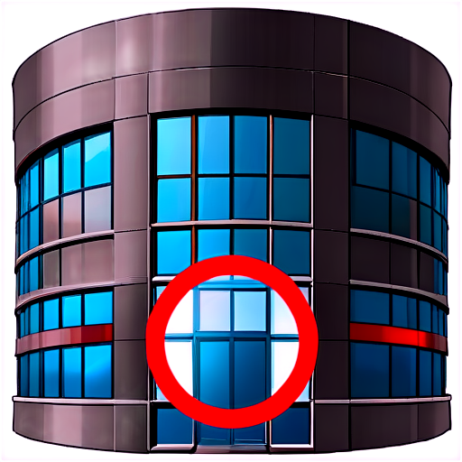 OFFICE BUILDING with a crossed out RED CIRCLE, refusal - icon | sticker