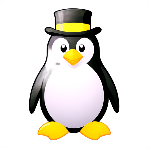 An adult daring penguin psychologist, male, in round glasses, in black and white colors with elements of yellow on the abdomen, in a top hat, in the style of vector graphics - icon | sticker