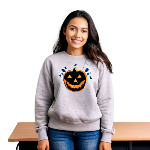 Gray sweatshirt mockup, happy beautiful female Hispanic, wearing jeans in a classroom decorated for Halloween - icon | sticker