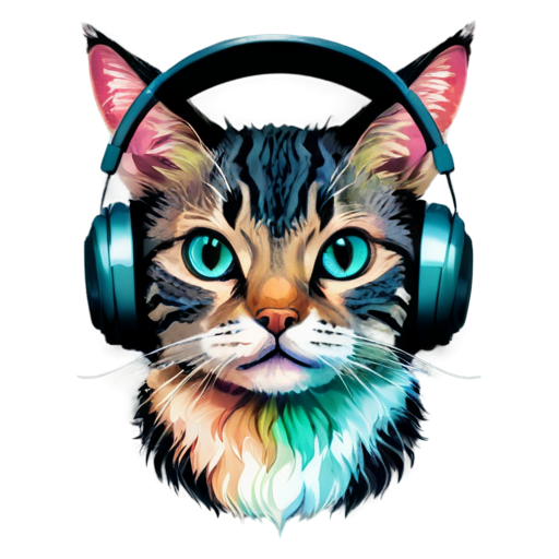 A rainbow cat head with headphones - icon | sticker